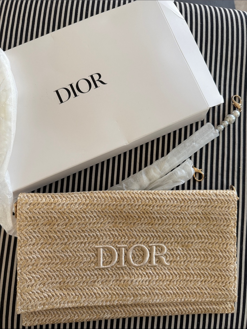 Dior Beige Woven Straw Clutch with Embroidered Logo